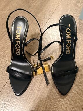Tom Ford Black Leather Strappy Heels with Gold Padlock Charms